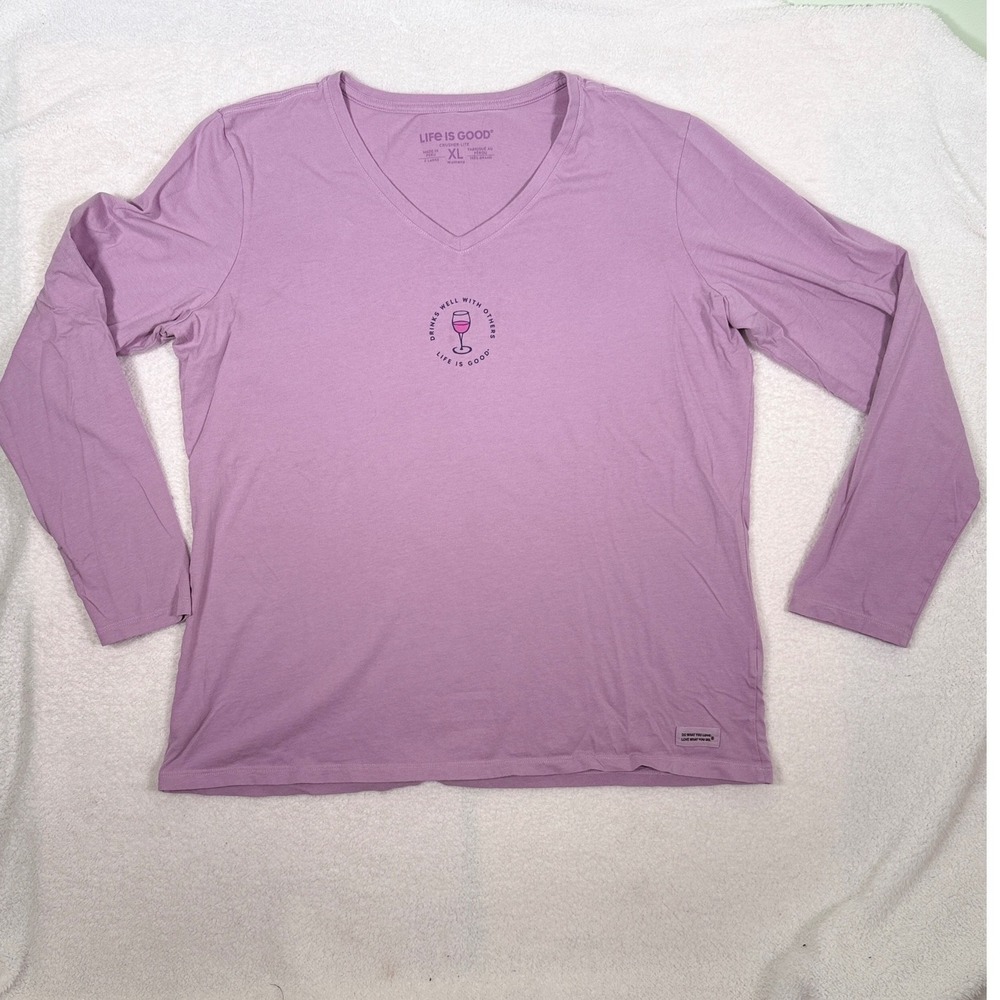 Life Is Good Crusher-Lite Drinks Well W Others V-Neck Shirt Women XL Long Sleeve